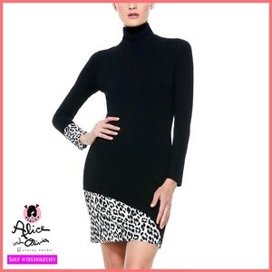 Alice + Olivia Delora Black White Turtleneck Leopard Patchwork Mini Dress
